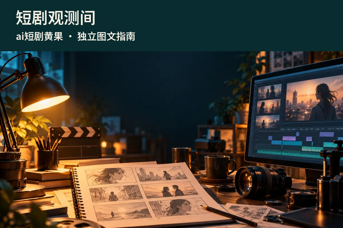 短剧观测间的影像与阅读工作空间示意,画面为原创场景插画而非平台截图